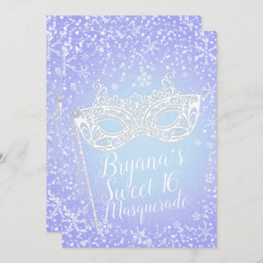 パープルブルーウィンターワンダーランドマスカレード甘い16 招待状 (正面/裏面)
