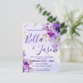 パープルブルーウォーターカラーフローラ結婚式招待状 ポストカード (スタンド正面)