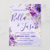 パープルブルーウォーターカラーフローラ結婚式招待状 ポストカード (正面)