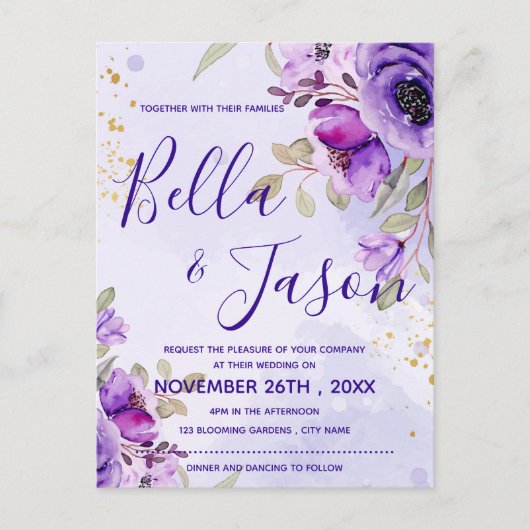 パープルブルーウォーターカラーフローラ結婚式招待状 ポストカード (正面)