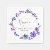 パープルブルーウォーターカラーフローラ100誕生日 スタンダードカクテルナプキン (正面)