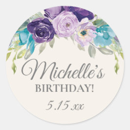 パープルブルーウォーター色フローラ誕生日パーティー ラウンドシール