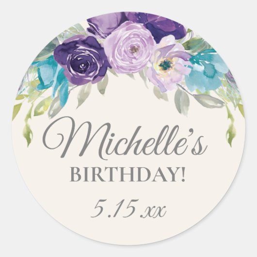 パープルブルーウォーター色フローラ誕生日パーティー ラウンドシール (正面)