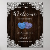 パープルブルーウッドレースフローラ結婚のウェルカムサイン ポスター (正面)