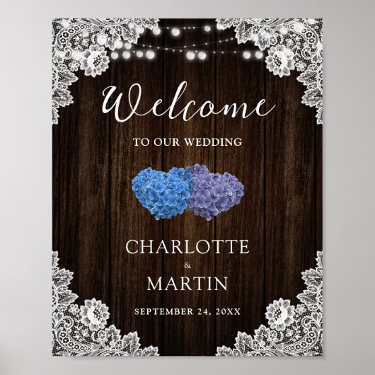 パープルブルーウッドレースフローラ結婚のウェルカムサイン ポスター (正面)