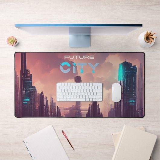 パープルブルーカラフルフューチャーサイバーパンクシティ デスクマット (オフィス1)