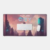 パープルブルーカラフルフューチャーサイバーパンクシティ デスクマット (キーボード&マウス)