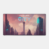 パープルブルーカラフルフューチャーサイバーパンクシティ デスクマット (正面)