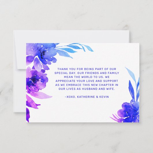 パープルブルーグラデーションウォーター色のフローラ結婚ズ サンキューカード (裏面)