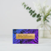 パープルブルーグラデーション金ゴールドトロピカルパームのシックなスクリプト 名刺 (スタンド正面)