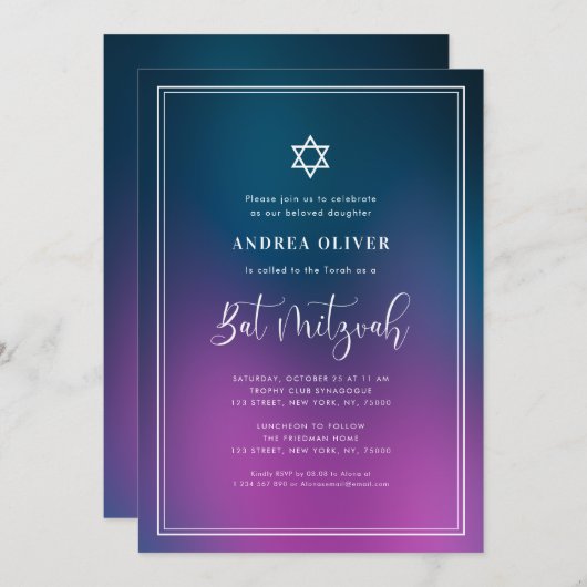 パープルブルーグラデーション&フレーム バットミツバ祭り 招待状 (正面/裏面)