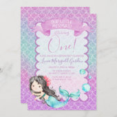 パープルブルーグリッターマーメイドファースト誕生日パーティー 招待状 (正面/裏面)