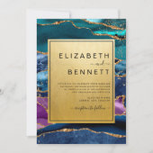 パープルブルーグリーンアゲート金ゴールドグリッター結婚ズ 招待状 (正面)