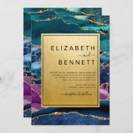 パープルブルーグリーンアゲート金ゴールドグリッター結婚ズ 招待状