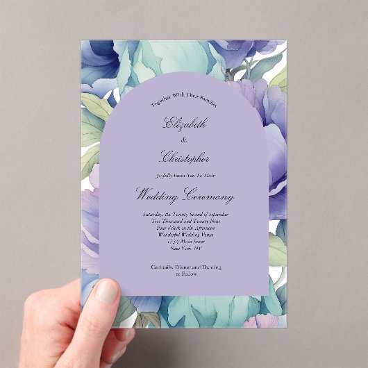 パープルブルーグリーンフローラアー結婚チーズ アクリル招待状 (インサイチュ (ポータブル))