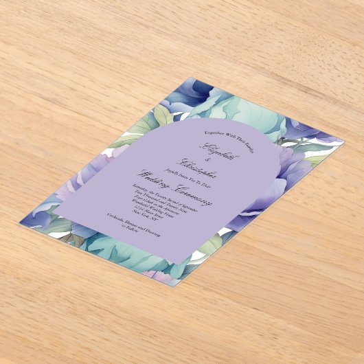 パープルブルーグリーンフローラアー結婚チーズ アクリル招待状 (レイダウン)