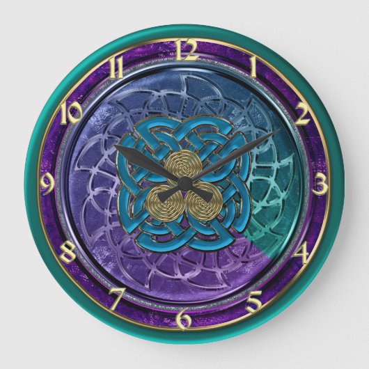 パープルブルーグリーン金ゴールドメタリックケルト結び目模様時計 ラージ壁時計 (正面)