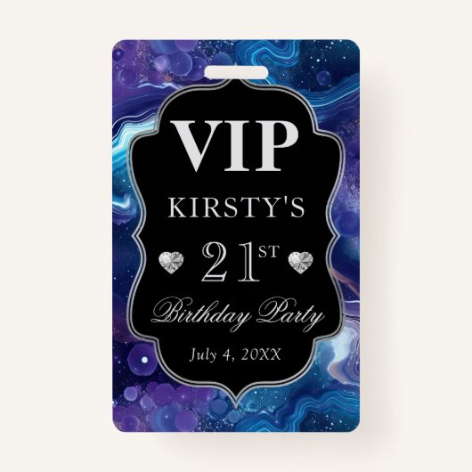 パープルブルーシテナルグリッターアゲート誕生日VIP バッジ (正面)