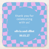 パープルブルーチェックのレトロなカスタムカップルシャワー スクエアペーパーコースター (正面)