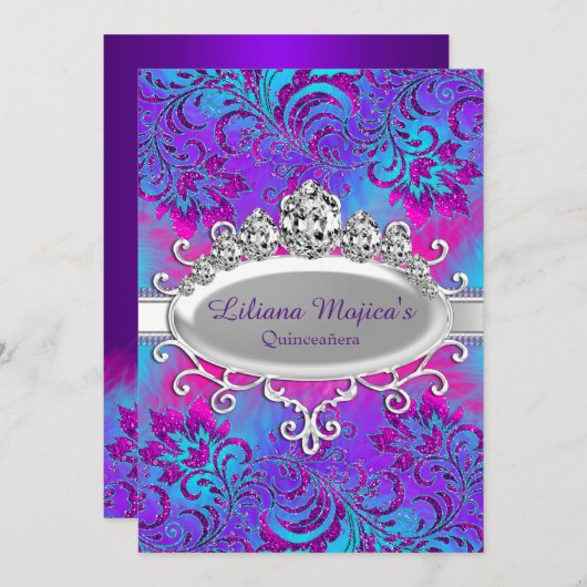 パープルブルーティアラ&グリッターフローラキンセアニェラ 招待状 (正面/裏面)