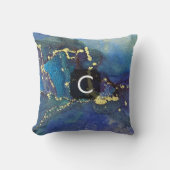 パープルブルーティール(緑がかった色)と金ゴールドリキッドアートモノグラム クッション (正面)