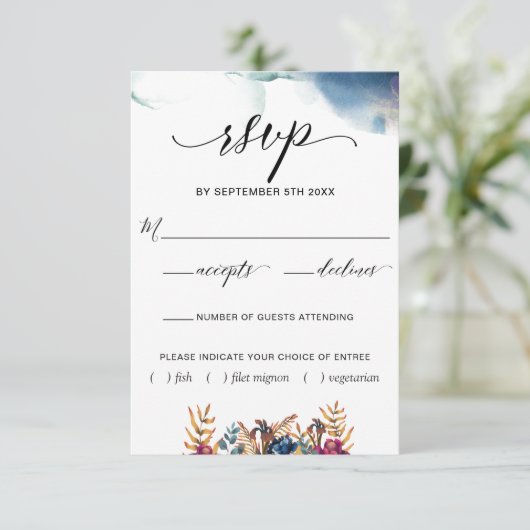 パープルブルーティール（緑がかった色）水の色とフローラ食事の選択肢 出欠カード (スタンド正面)