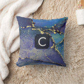 パープルブルーティール(緑がかった色)&金ゴールド液体芸術モノグラム クッション (ブランケット)