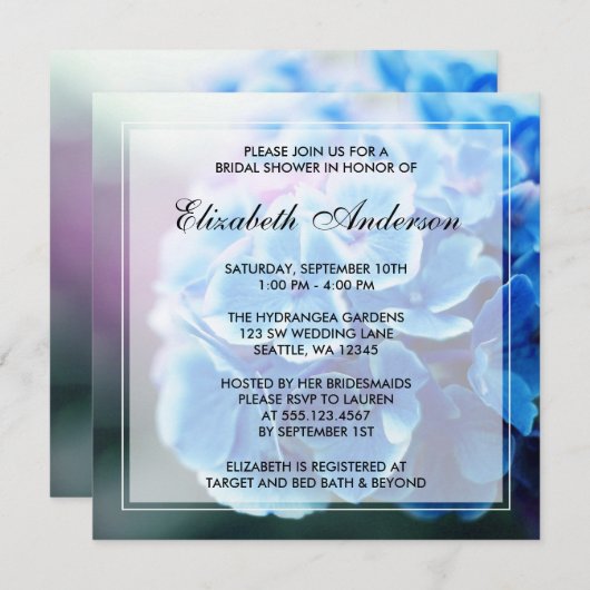 パープルブルーハイドランジアブライダルシャワー 招待状 (正面/裏面)