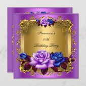 パープルブルーバラ金ゴールドエレガントバースデーパーティー 招待状 (正面/裏面)