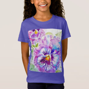 パープルブルーパンジーのパンジー水彩模様 Tシャツ