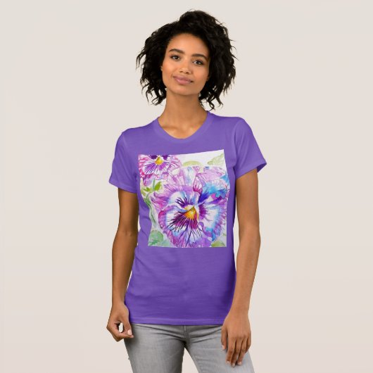 パープルブルーパンジーのパンジー水彩模様 Tシャツ (正面フル)