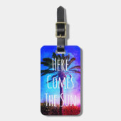 パープルブルーパームツリーハ来イザ太陽ヴィンテージ ラゲッジタグ (正面縦)