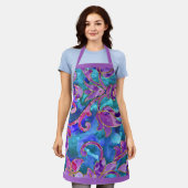パープルブルーピンクウォーターカラーダマスクデザイン エプロン (着用した状態)