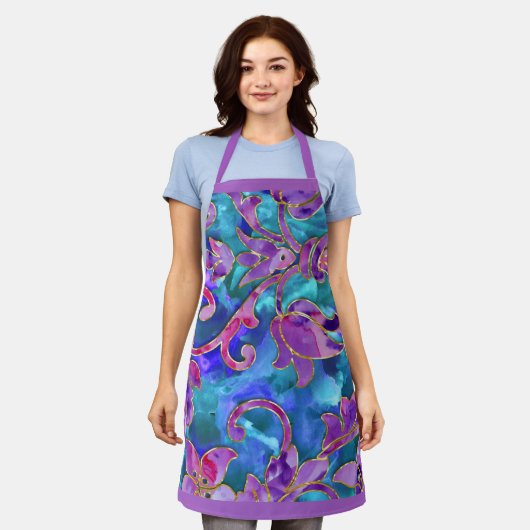 パープルブルーピンクウォーターカラーダマスクデザイン エプロン (着用した状態)