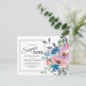 パープルブルーピンクウォーターカラーフローラ50誕生日 ポストカード (スタンド正面)