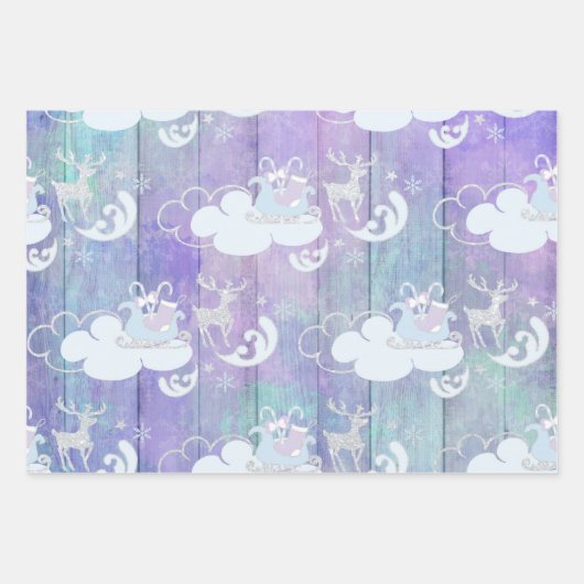 パープルブルーピンクホリデーウィンターアイテム ラッピングペーパーシート (正面)