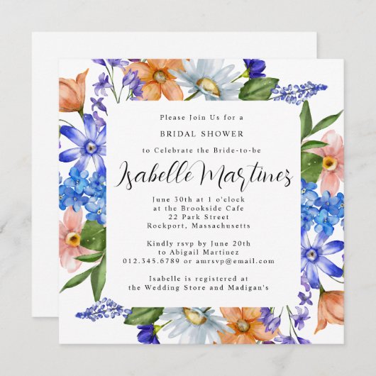 パープルブルーピンクワイルドフラワーフローラブライダルシャワー 招待状 (正面/裏面)