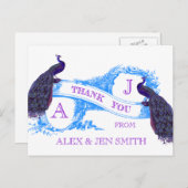 パープルブルーピーコック結婚の感謝 ポストカード (正面/裏面)