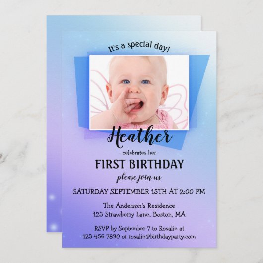 パープルブルーフォトファースト誕生日パーティーへの招待 招待状 (正面/裏面)