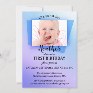 パープルブルーフォトファースト誕生日パーティーへの招待 招待状