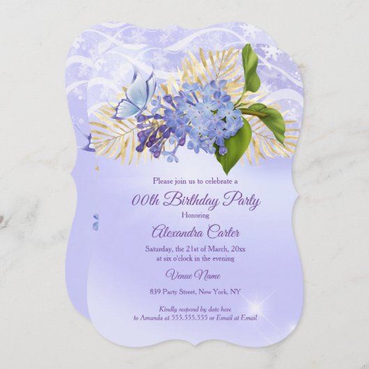 パープルブルーフローラかわいらしバタフライバースデーパーティー 招待状 (正面/裏面)