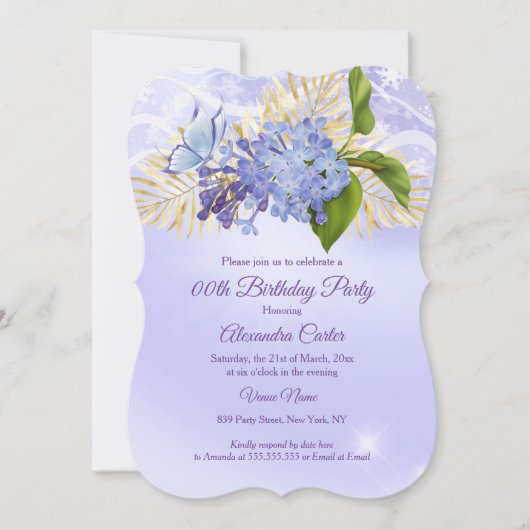 パープルブルーフローラかわいらしバタフライバースデーパーティー 招待状 (正面)