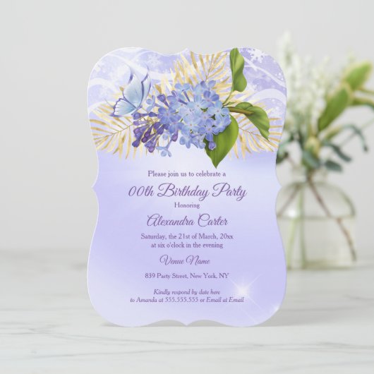 パープルブルーフローラかわいらしバタフライバースデーパーティー 招待状 (スタンド正面)