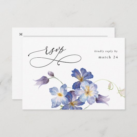 パープルブルーフローラと食事RSVP 出欠カード (正面/裏面)
