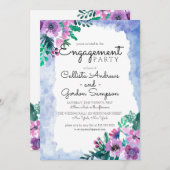 パープルブルーフローラウォーター結婚カラー婚約 招待状 (正面/裏面)
