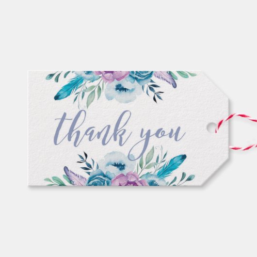 パープルブルーフローラサンキューメッセージカード ギフトタグ (正面(横))