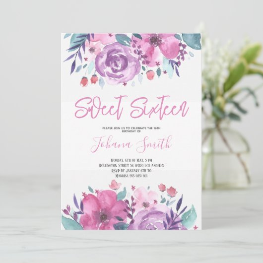 パープルブルーフローラ十六誕生日招待状 招待状 (スタンド正面)