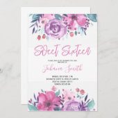 パープルブルーフローラ十六誕生日招待状 招待状 (正面/裏面)