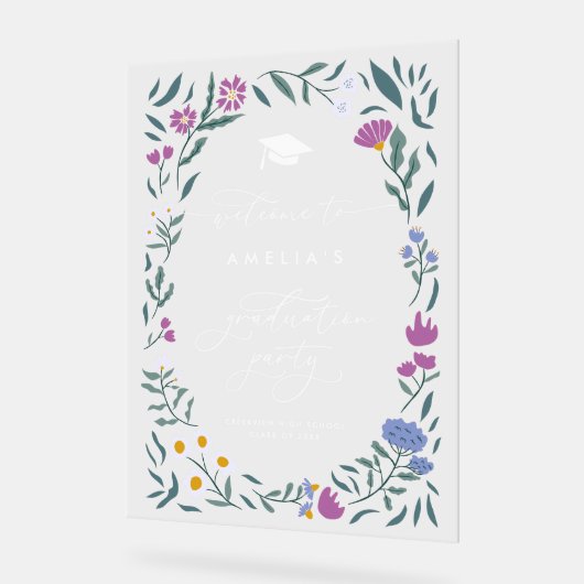 パープルブルーフローラ卒業パーティーのサイン アクリルサイン (傾斜)