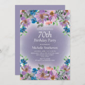 パープルブルーフローラ女子70歳の誕生日パーティー 招待状 (正面/裏面)